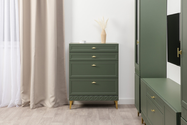 Комод Марион 16.249 дымчатый зеленый K521, олива шагрень AG 1050 ПВХ, белый PE шагрень