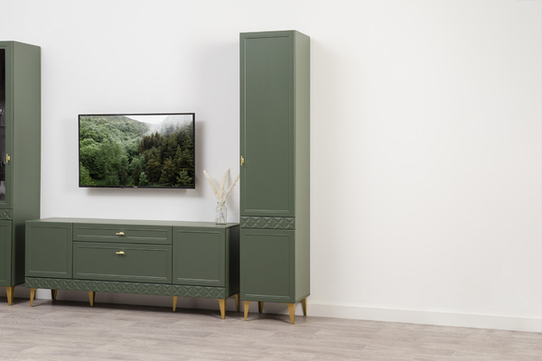 Шкаф-пенал Марион 16.333.01 дымчатый зеленый K521, олива шагрень AG 1050 ПВХ (собирается на любую сторону)