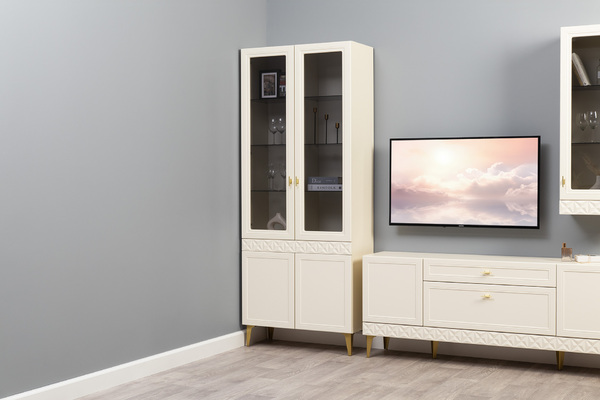 Гостиная Марион композиция 1 слоновая кость С341 PE, слоновая кость 6898 ПВХ, белый PE шагрень (собирается на любую сторону)