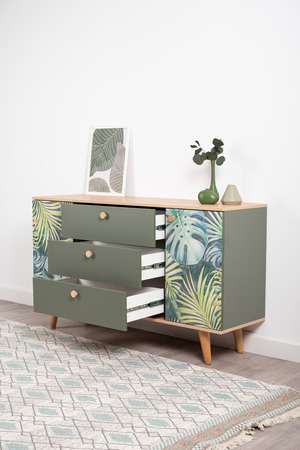 Комод Маттиас 16.245 дымчатый зеленый K521, гикори рокфорд натуральный KO86 PW, белый PE шагрень, фотопечать