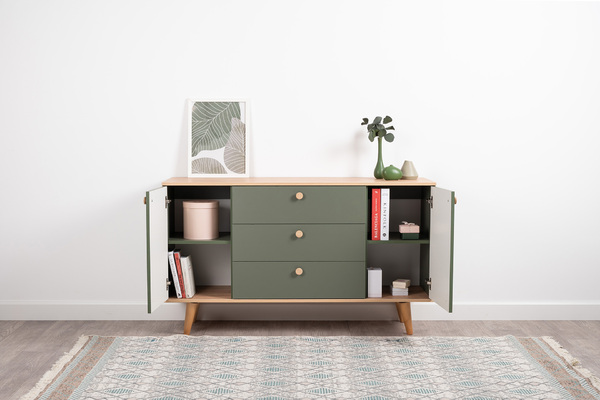 Комод Маттиас 16.245 дымчатый зеленый K521, гикори рокфорд натуральный KO86 PW, белый PE шагрень, фотопечать