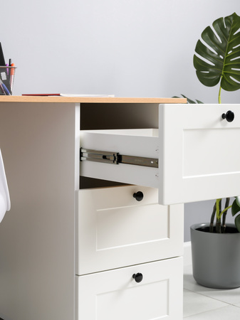 Стол письменный Остин 12.159 белый PE шагрень, дуб золотой CRAFT, белая шагрень 4101 ПВХ, сборка на любую сторону