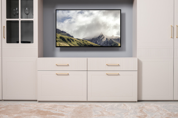 Гостиная Ричфорд композиция 1 с карнизами, кашемир 5981 BS, моно керамика D166-2 ПВХ, белый PE шагрень (собирается на любую сторону)