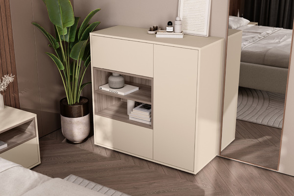 Комод Тайл 16.236 сатин 7045 SU, эмили блаш U9135, белый PE шагрень, собирается на любую сторону