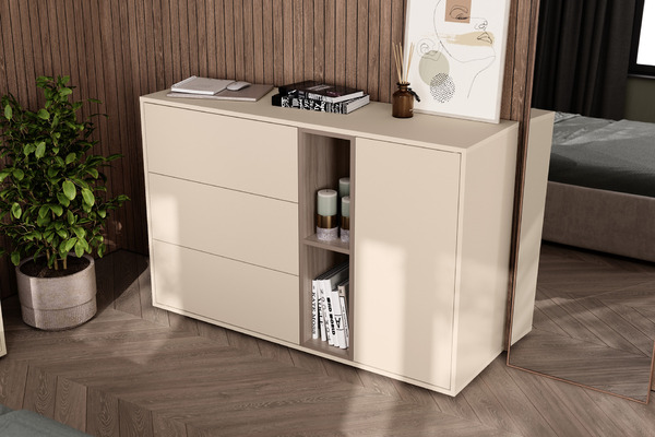 Комод Тайл 16.237 сатин 7045 SU, эмили блаш U9135, белый PE шагрень, собирается на любую сторону